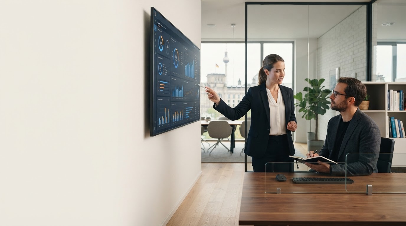 Velocity V1x Marketing – minimalistischer Arbeitsplatz mit Laptop und Analyse-Dashboard